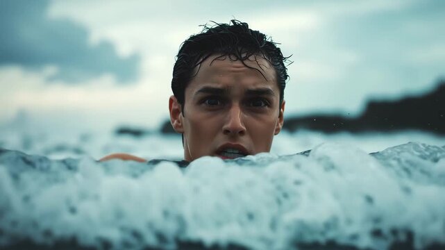 A person battles against strong waves while partially submerged in deep ocean water