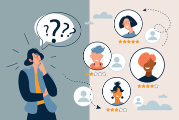 Woman have a question. A young woman stands in confusion. The concept of choosing a specialist, selection, decision making. Flat style illustration cartoon character.