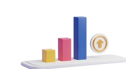 Colorful bar graph with upward arrow icon isolated on transparent background