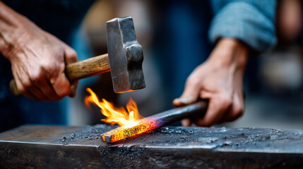 clouse up Blacksmith hammering hot metal