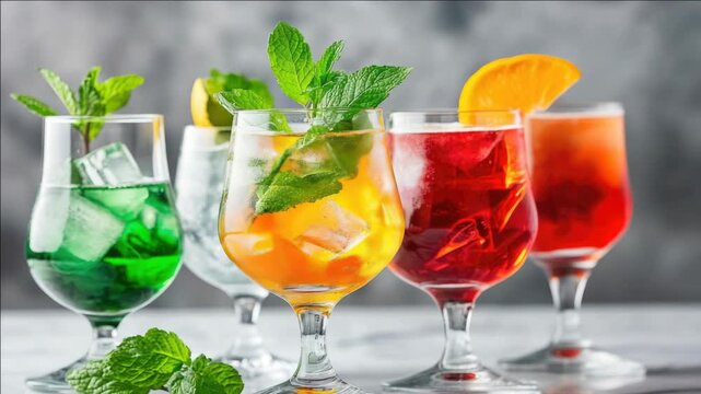 Beverage display with a variety of colorful alcoholic and non-alcoholic beverages, garnished with citrus fruits.