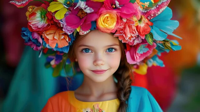 The girl is wearing a vibrant, colorful flower crown that complements her traditional clothing. She has a cheerful and confident smile.