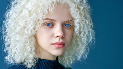 Stunning portrait of a young woman with curly blonde hair and striking blue eyes capturing serene beauty in front of a vibrant blue background