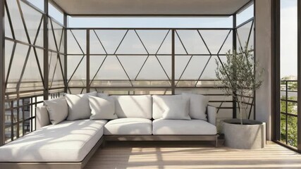 Modern living room with outdoor seating and urban garden. High rise balcony furnished with comfortable sofa and potted plants. Indoor-outdoor space blending for luxury lifestyle. - Powered by Adobe