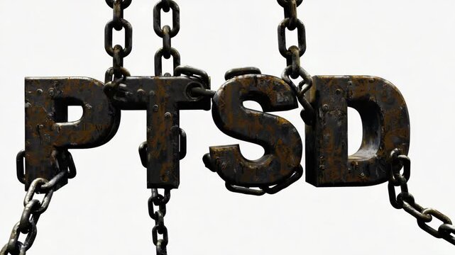 Iron chain with rusted padlock inscribed 'PTSD', symbol of military or psychological duress.