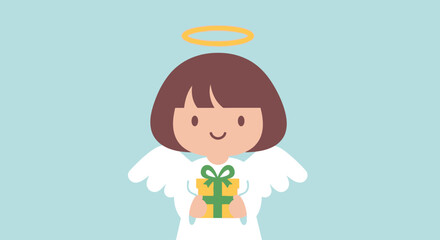 Cute Cartoon Christmas Angel with Gift Box