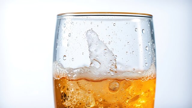  A glass of carbonated drink with rising bubbles and condensation on a clean background. 
