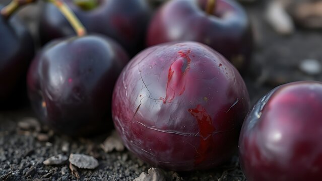 A ripe plum fallen on the ground with purple-red bruise marks, natural lighting, shallow depth of field. 
