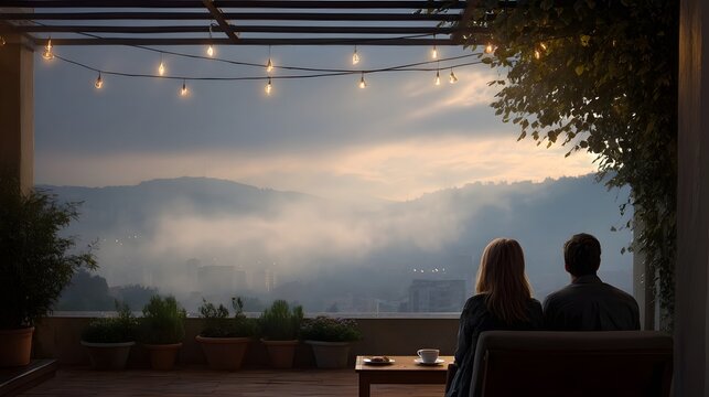 A couple watches the misty morning city view from a tranquil balcony adorned with string lights
