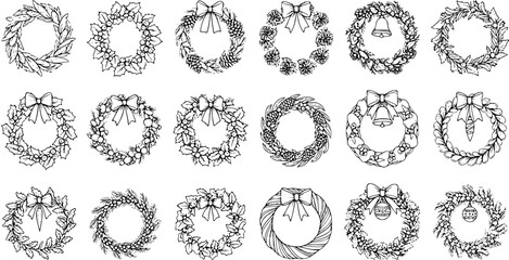 Detailed Hand-Drawn Christmas Wreaths Collection. Outline Vector Illustration Set with Festive Holiday Decor Elements: Bows, Bells, Berries, Pinecones, Leaves.