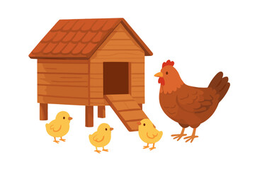 Mother hen with chicks near wooden chicken coop © icon_art