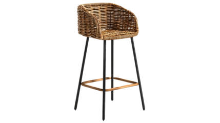 A stylish, contemporary bar stool featuring a woven rattan seat, sturdy black metal legs, and a unique wooden footrest on a transparent background. background removed