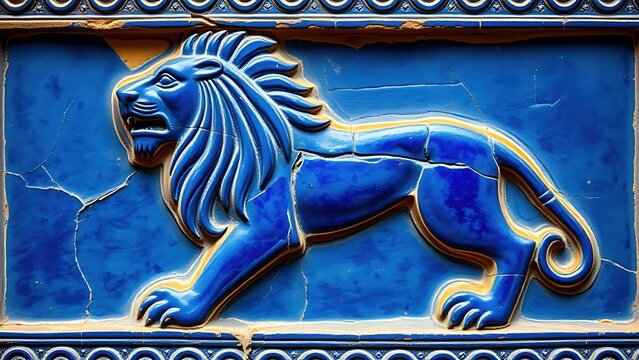Glazed brick relief of a lion against lapis lazuli blue background with gold accents, intricate patterns. 