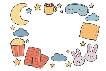 Cozy sleepover theme icons featuring moon, stars, and hot chocolate
