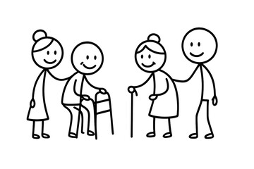 Stick figure seniors using mobility aids with caregiver support