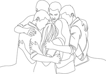 Continuous line drawing of team holding hands together. Trendy teamwork One single line drawing group of young happy business people isolated on white background vector illustration.