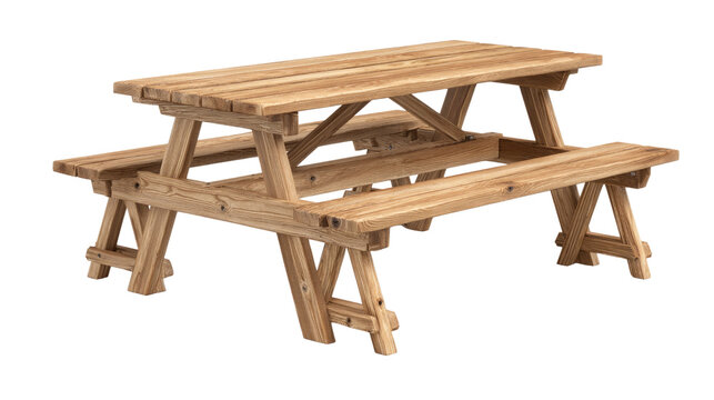 A rustic, light brown wooden picnic table with attached benches, sturdy design and visible wood grain, isolated on a transparent background. background removed
