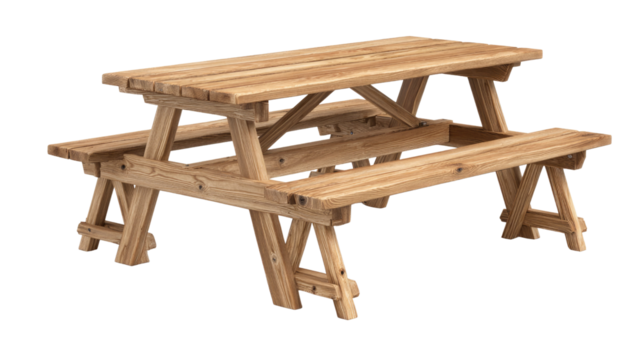 A rustic, light brown wooden picnic table with attached benches, sturdy design and visible wood grain, isolated on a transparent background. background removed