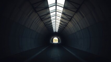  Architectural tunnel with converging lines and fading natural light, perspective receding into darkness.