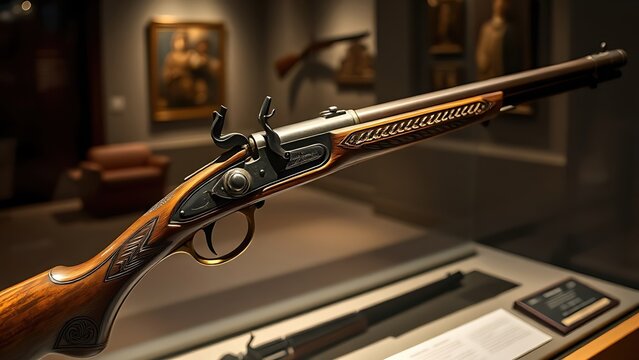 An antique flintlock musket with a carved wooden stock is displayed in a museum.