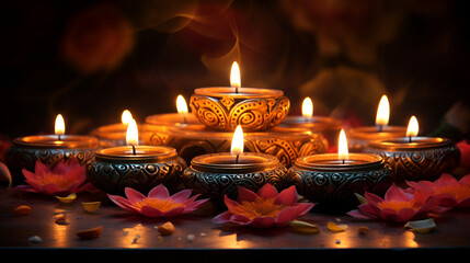 Happy Diwali - Clay Diya lamps lit during Diwali celebration.Indian festival Diwali background with diya lamps and floral ornamentsDiwali the triumph of light and kindness Hindu festival of lights 

