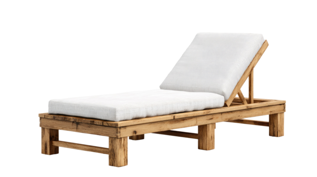 Rustic wooden chaise lounge with white striped cushions, perfect for outdoor relaxation or poolside comfort, isolated on a transparent background. background removed