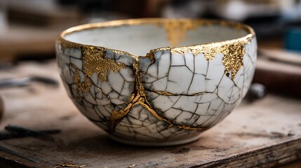 Kintsugi Bowl Repaired with Gold Emphasizing Unique Cracks and Imperfections Art