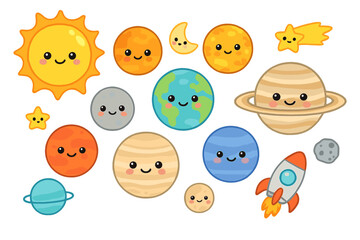 Cute cartoon solar system planets and space objects collection