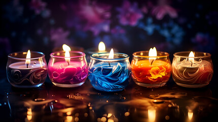 Immerse yourself in the mystical world of this vibrant otherworldly candlewick, showcasing a brilliant glow that emanates a soothing and radiant light.Burning candle with reflection on water. Colorful