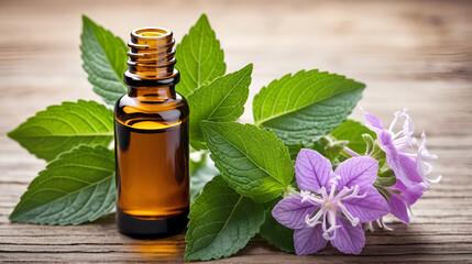 Patchouli essential oil in a bottle. ,