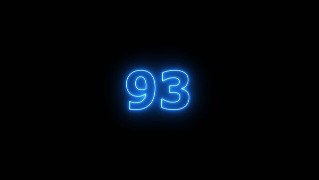 Glowing blue Neon number 93 on black background. 93 number countdown timer 4k image.	