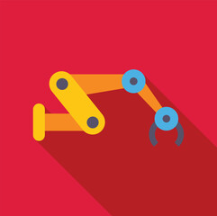 Yellow robotic arm picking up an object on a red background