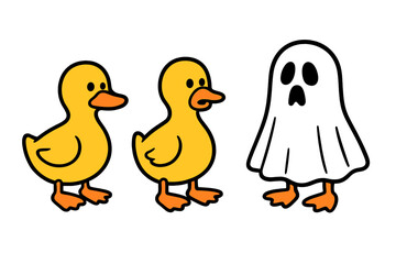 Cute cartoon ducklings and ghost standing side by side