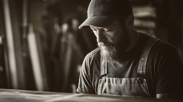 Bearded Man Woodworker Focusing on Craft in Workshop Sepia Tone