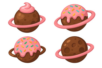 Four chocolate planet icons with pink frosting and decorative rings