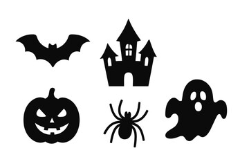 Black silhouette icons set of spooky Halloween symbols including bat pumpkin castle spider and ghost
