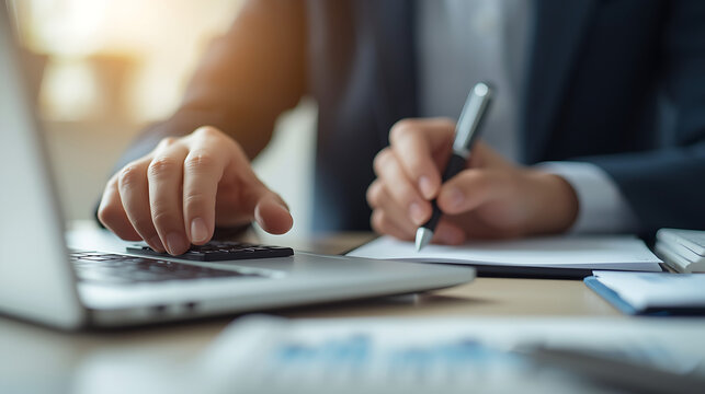 A close-up, softly blurred photo depicts a person at a desk working on a calculator, with a laptop open in front of them and a pen in hand for note-taking.  - Powered by Adobe