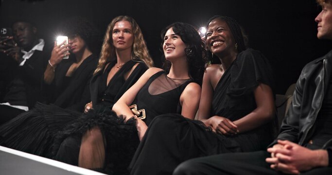 Fashion show, audience and people at catwalk event for branding, clothing collection or label launch. Phone, entertainment and crowd recording outfit showcase on runway for designer at style premiere