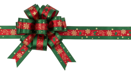 Christmas Gift Ribbon Bow with Gold Snowflakes and Holly Pattern on Green and Red Stripes, Isolated on Transparent Background
