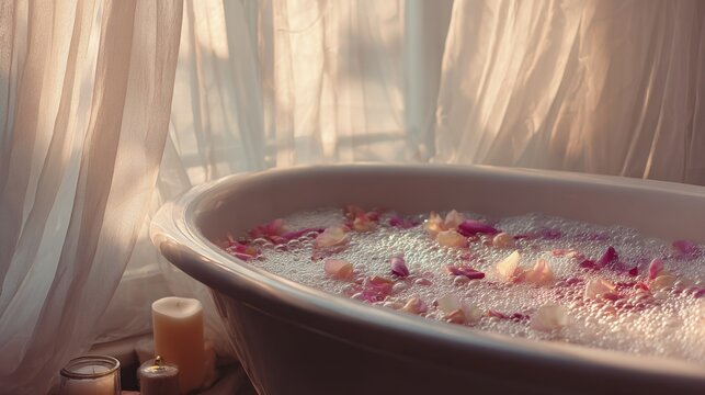 Relaxing bath with rose petals in sunlit tub for spa and wellness ambiance,Bathtub Party Day - Powered by Adobe