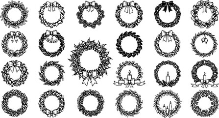 Detailed Black and White Christmas Wreaths Vector Collection with Bows and Candles, Holiday Decoration Set in Various Styles for Winter Season Design © pixsource