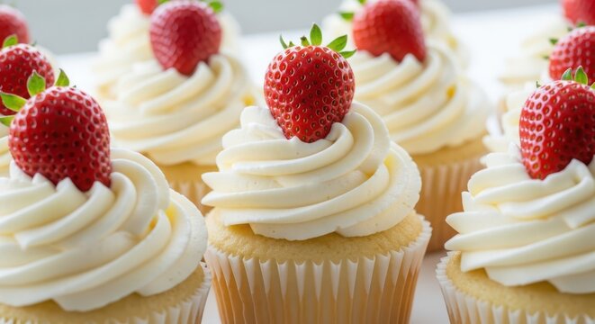 Delicious vanilla cupcakes topped with fresh strawberries on a white background