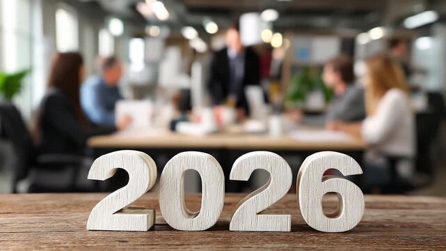 In an office filled with people, the year 2026 is prominently featured. Colleagues gather around, celebrating the New Year and the spirit of Christmas, sharing smiles and good wishes