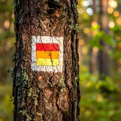 Close-up of a colorful trail marker painted on a textured tree trunk