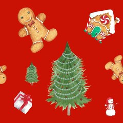 ​Seamless Watercolor Christmas Pattern with Trees, Gingerbread Men/Houses, Santa, and Gifts on Red/Green textured backgrounds. Ideal for wrapping, fabric, and digital festive designs.
