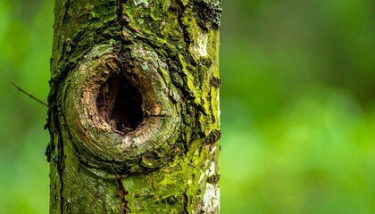 Close-up of a tree trunk with a knothole, moss, and blurred green background