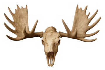 Moose skull with large antlers, a hunting trophy representing wildlife, nature, and rustic decor on transparent background