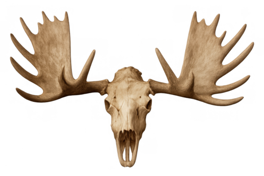 Moose skull with large antlers, a hunting trophy representing wildlife, nature, and rustic decor on transparent background