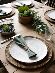 Rustic table setting with woven placemat and botanical napkin