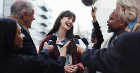 Woman, publicist and press with questions, city and discussion with reporters for election interview. Happy, representative and outdoor with journalists for campaign updates, news and people with mic